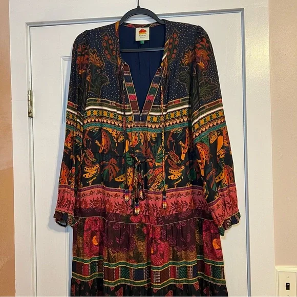 #63 FARM RIO MIXED PATCHWORK MIDI DRESS $265 Bohemian Multicolor Maxi Dress - Picture 3 of 12